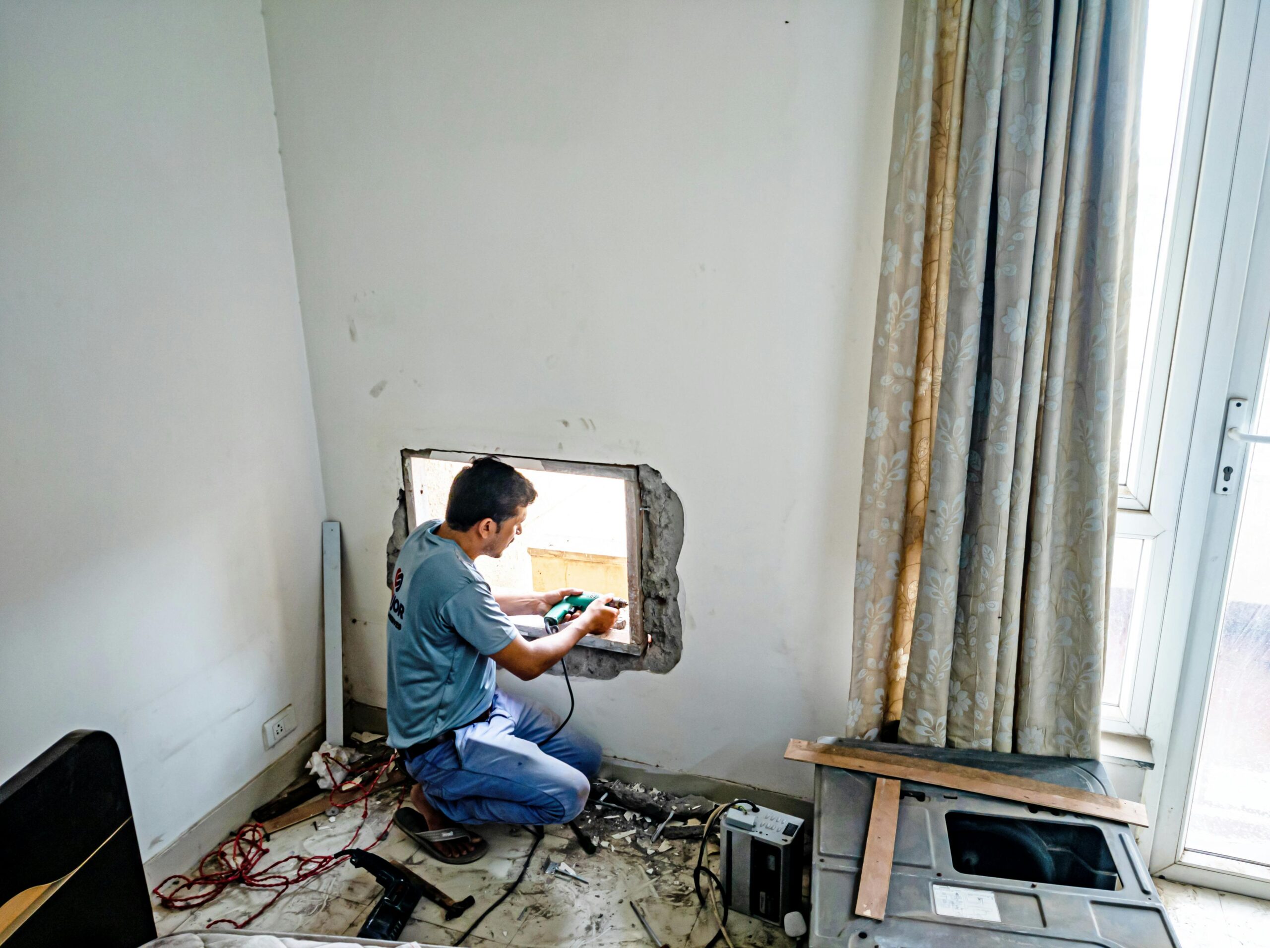 A man uses a drill to fit a window on an indoor construction site, focused on renovation work.